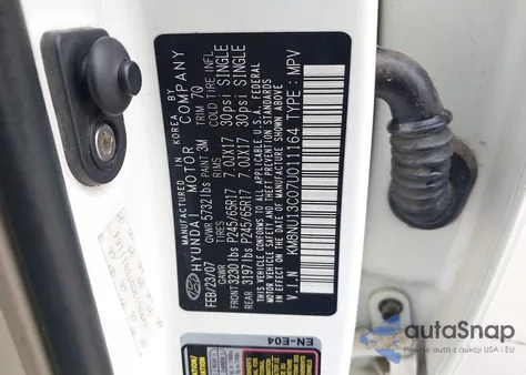 2007 Hyundai Veracruz Gls/Se/Limited z USA, uszkodzony, nr VIN KM8NU13C07U011164